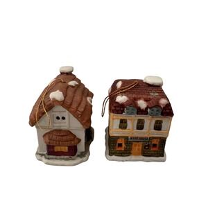 Vintage‎ Porcelain Christmas Village House Bell Ornaments Set 2 Pieces 1990